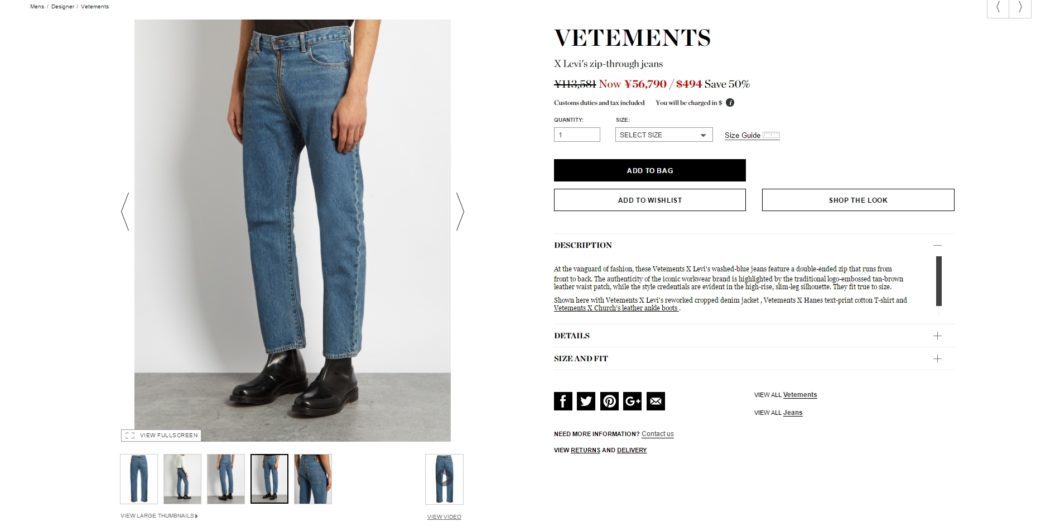 VETEMENTS X Levi's zip-through jeans 2017ss